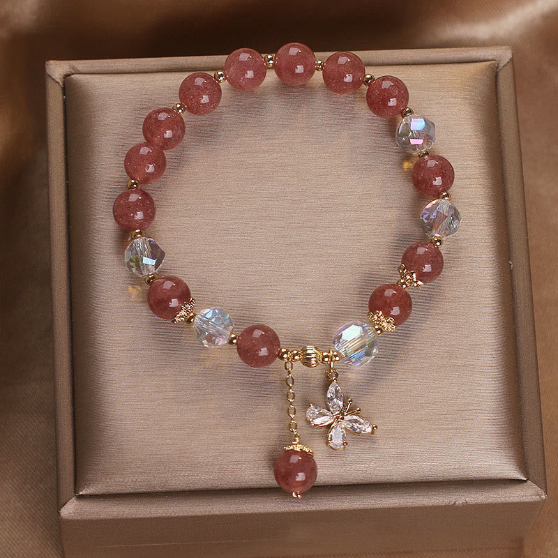 Bracelet spirituel de guérison d'amour en quartz fraise avec papillon