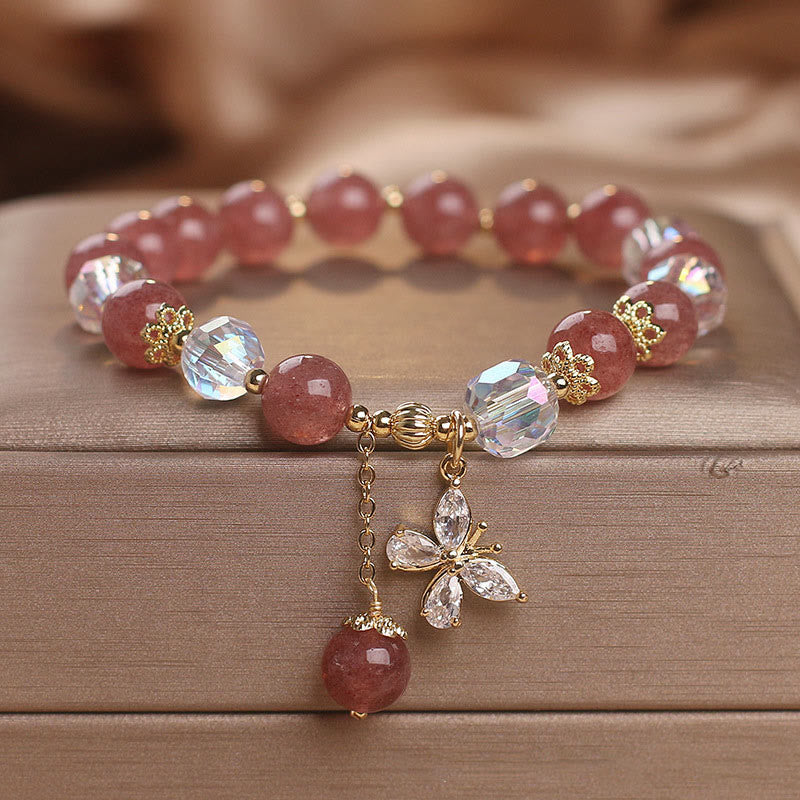 Bracelet spirituel de guérison d'amour en quartz fraise avec papillon