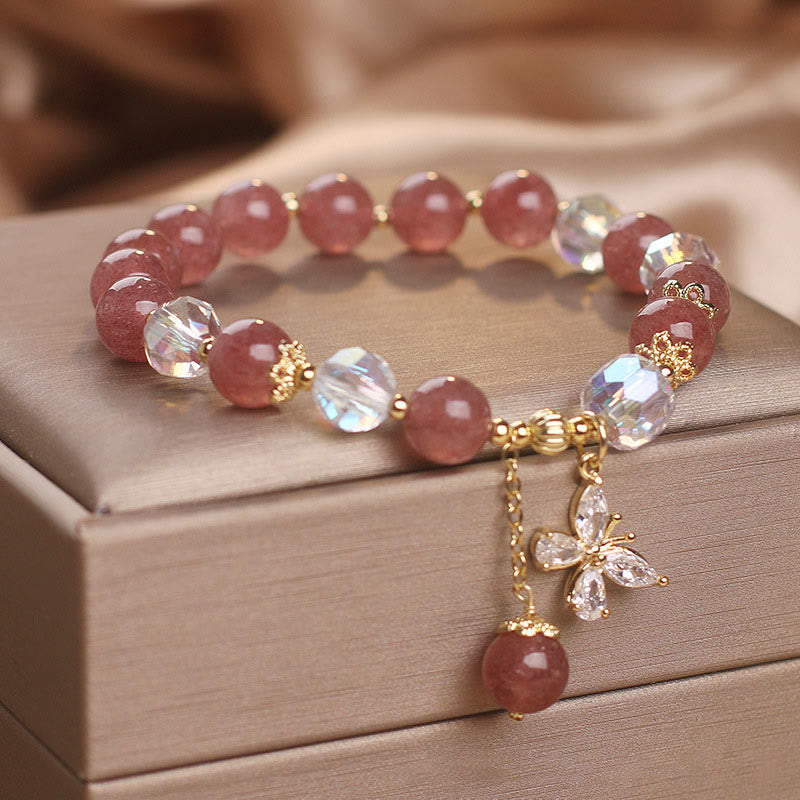 Bracelet spirituel de guérison d'amour en quartz fraise avec papillon