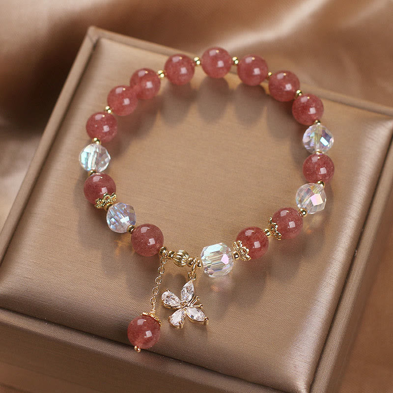 Bracelet spirituel de guérison d'amour en quartz fraise avec papillon