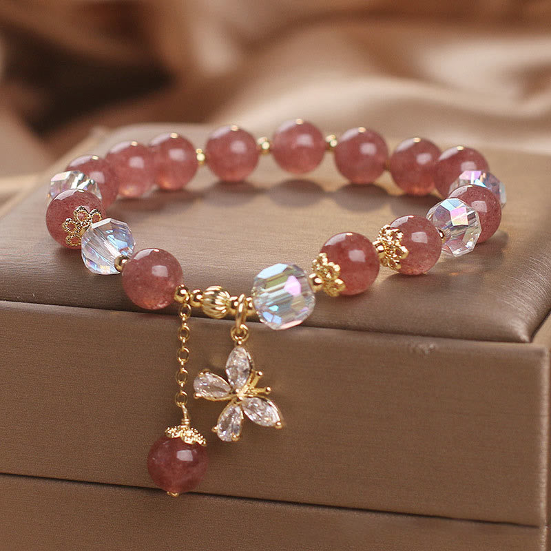 Bracelet spirituel de guérison d'amour en quartz fraise avec papillon