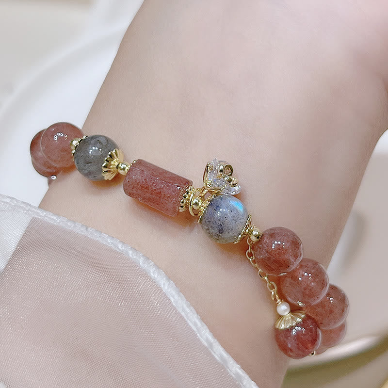 Bracelet Love en quartz fraise et pierre de lune 15-18 cm