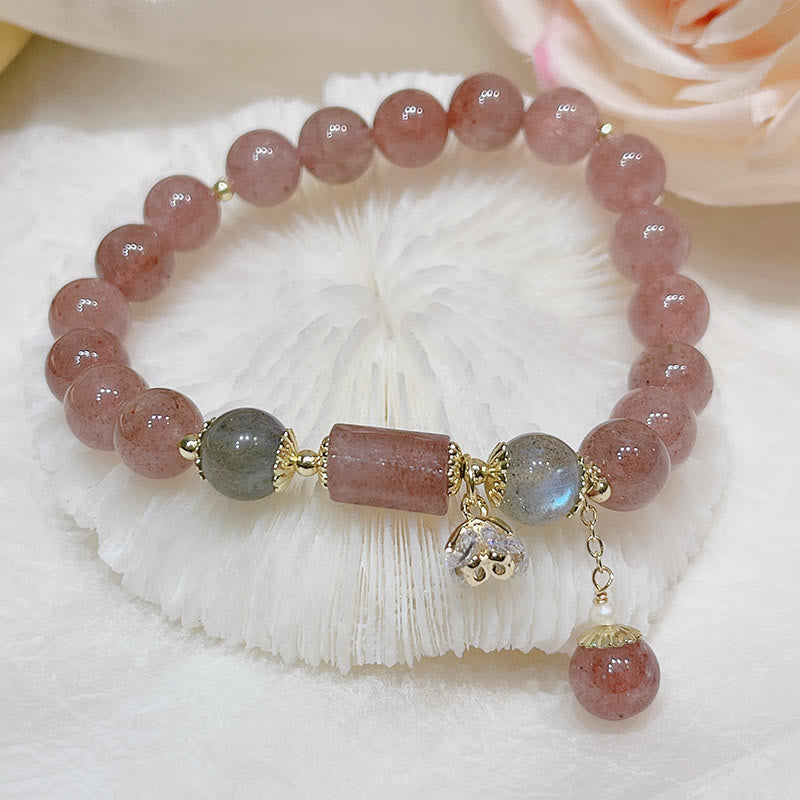 Bracelet Love en quartz fraise et pierre de lune 15-18 cm