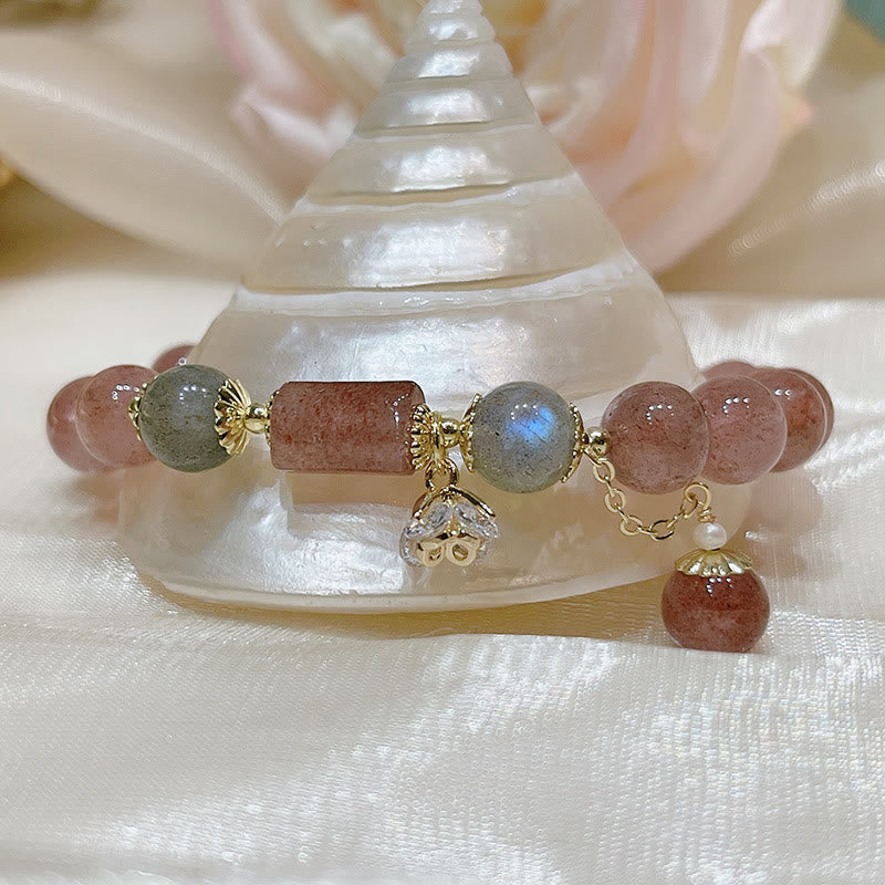 Bracelet Love en quartz fraise et pierre de lune 15-18 cm