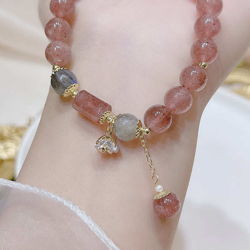 Bracelet Love en quartz fraise et pierre de lune 15-18 cm