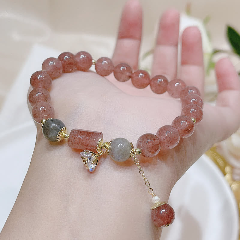 Bracelet Love en quartz fraise et pierre de lune 15-18 cm