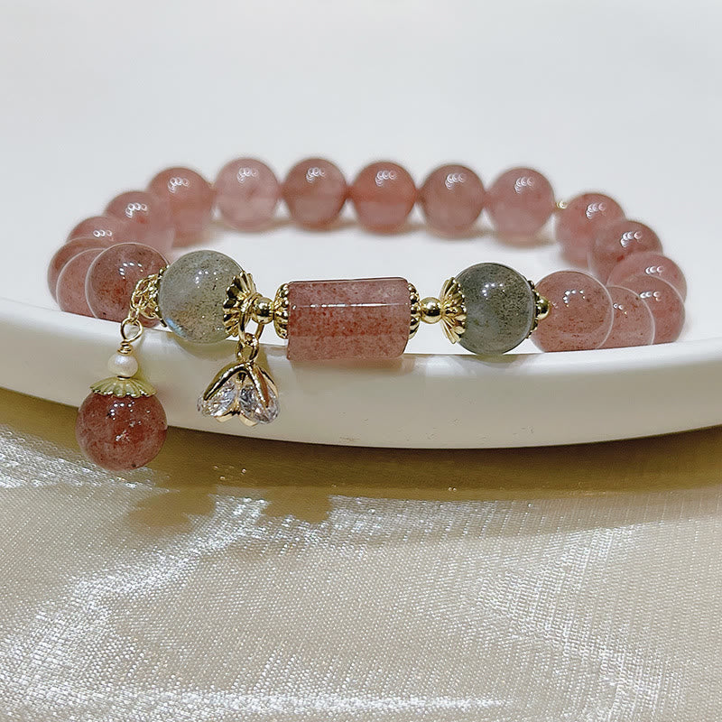 Bracelet Love en quartz fraise et pierre de lune 15-18 cm