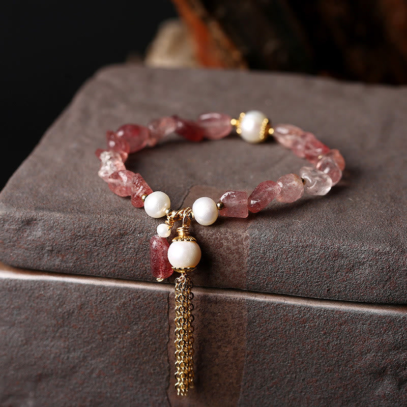Bracelet de guérison d'amour en or 14 carats avec perles de quartz fraise