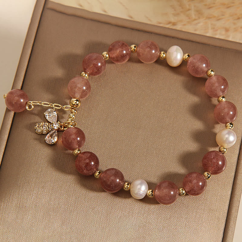 Bracelet à breloques à énergie positive en perles de quartz fraise