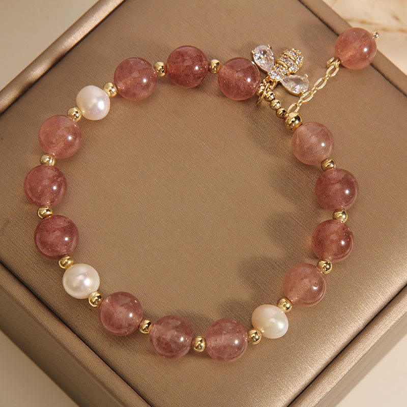 Bracelet à breloques à énergie positive en perles de quartz fraise