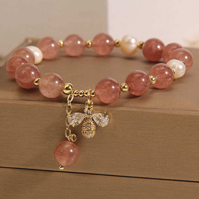 Bracelet à breloques à énergie positive en perles de quartz fraise
