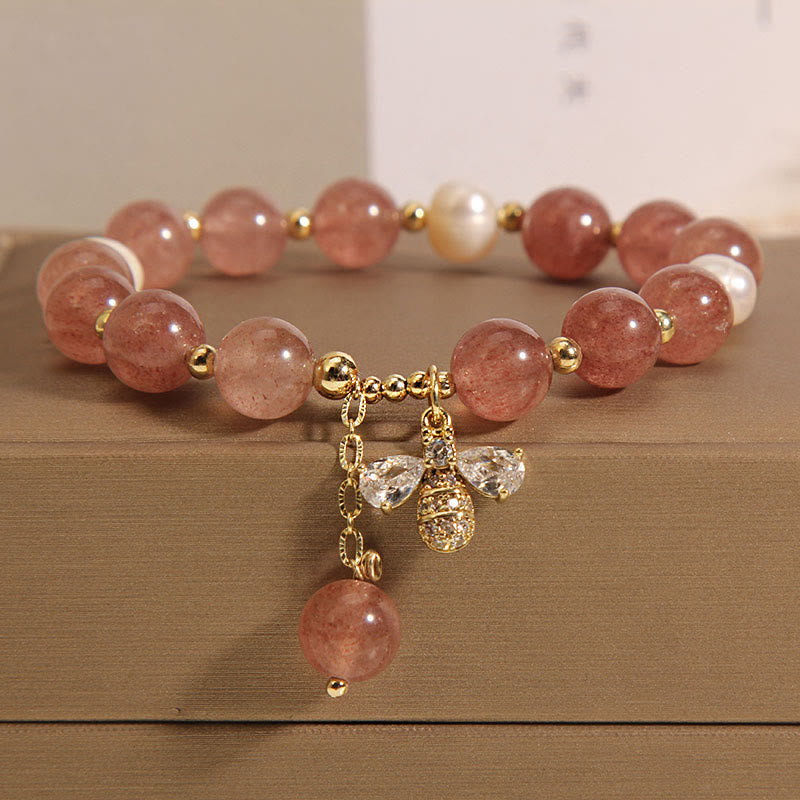 Bracelet à breloques à énergie positive en perles de quartz fraise