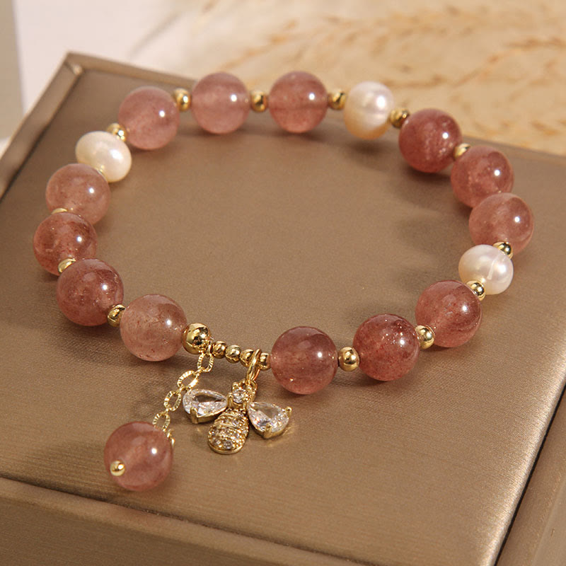 Bracelet à breloques à énergie positive en perles de quartz fraise