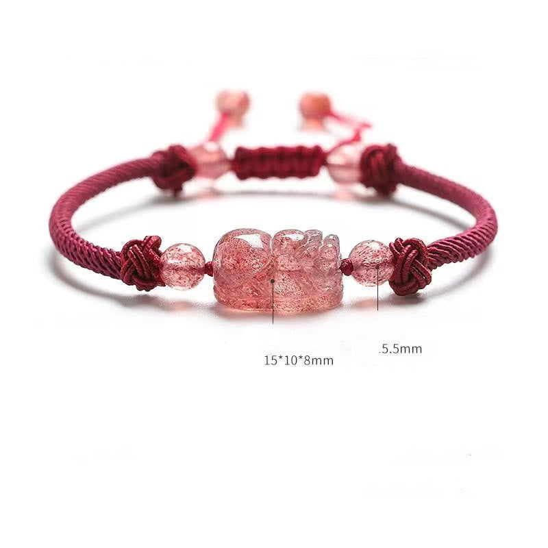 Bracelet de protection en fil rouge Pixiu en quartz fraise 14-17 cm