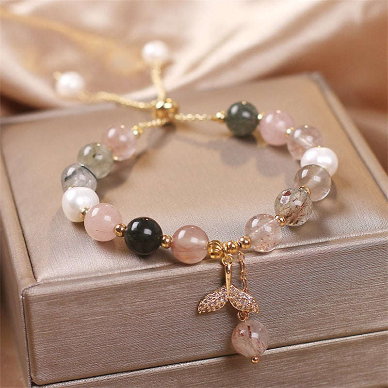 Bracelet de guérison en quartz fraise et quartz rutile, perles de 8 mm