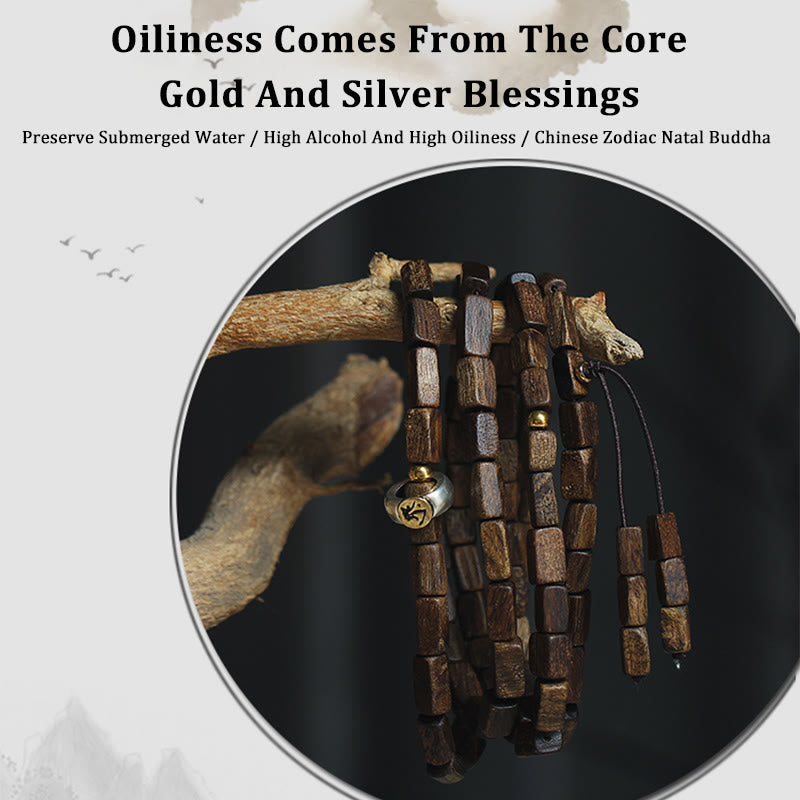 Bracelet en bois d'agar Tarakan avec perles en argent et or 925 et symbole du zodiaque