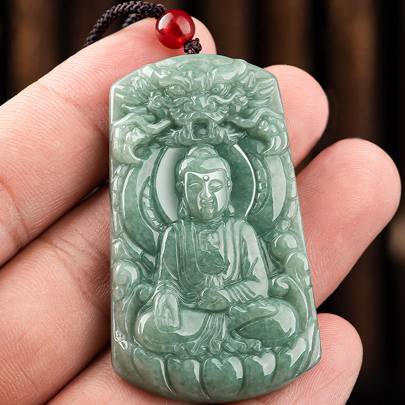 Collier amulette en jade Tathagata avec symboles du dragon et du Bouddha