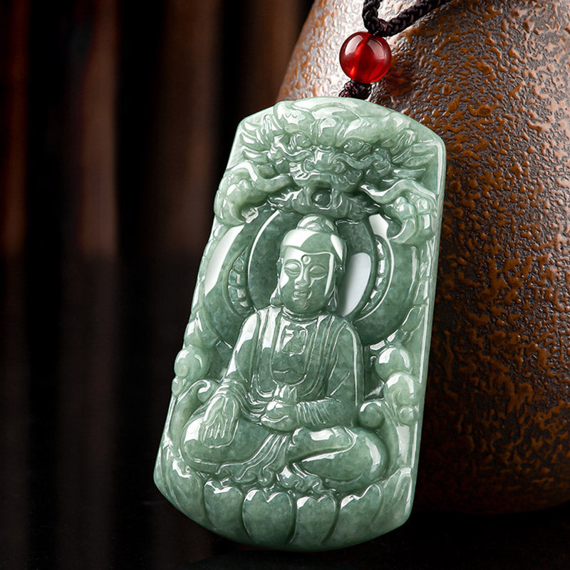 Collier amulette en jade Tathagata avec symboles du dragon et du Bouddha