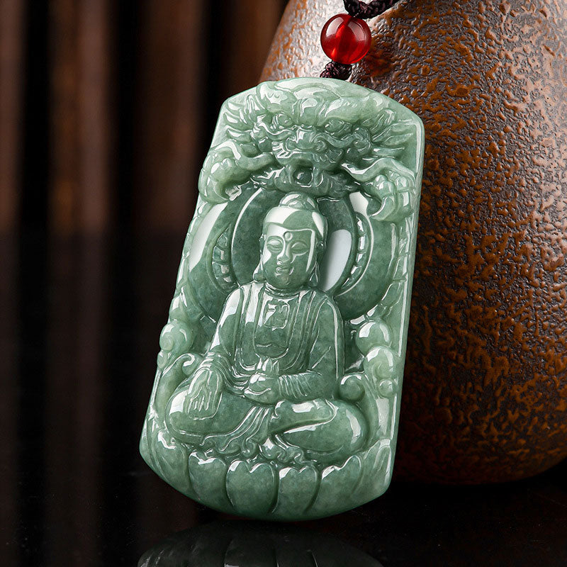 Collier amulette en jade Tathagata avec symboles du dragon et du Bouddha