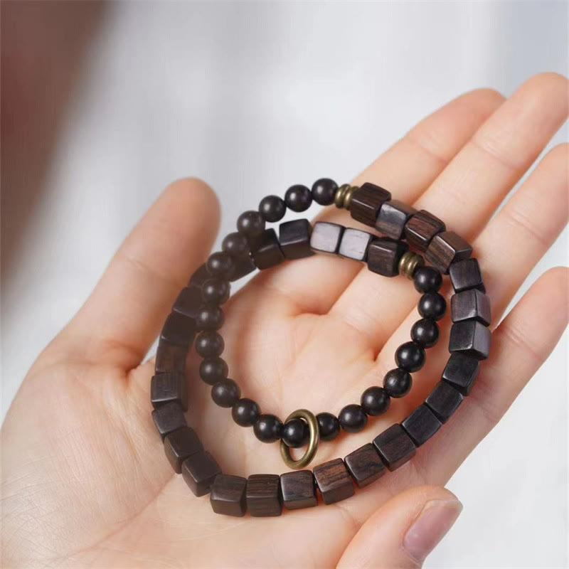 Bracelet spirituel double tour en bois d'ébène du Tibet pour la paix
