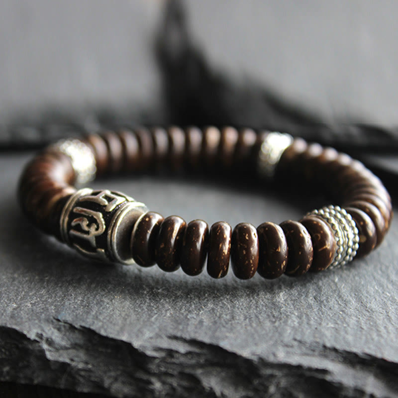 Bracelet tibétain en coquille de noix de coco Om Mani Padme Hum 14-16 cm