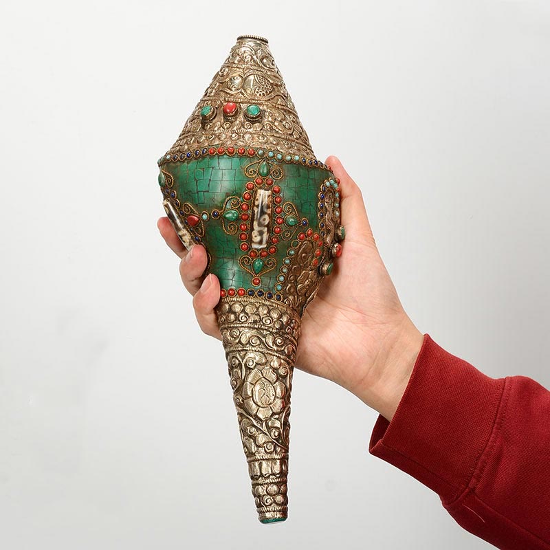 Conque tibétaine double Dorje Shankha faite à la main, 31 x 12 cm