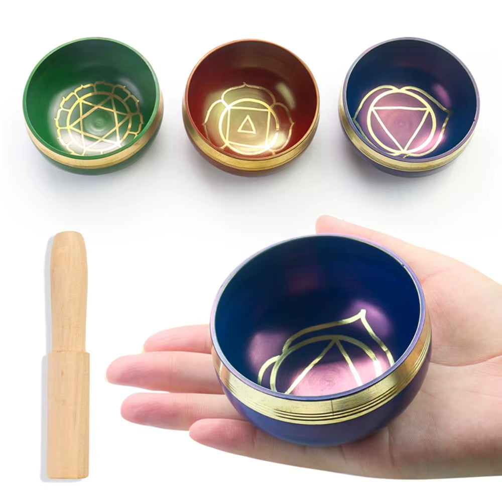 Decorative Tibetan Singing Bowls with gold geometric symbols for meditation and healing