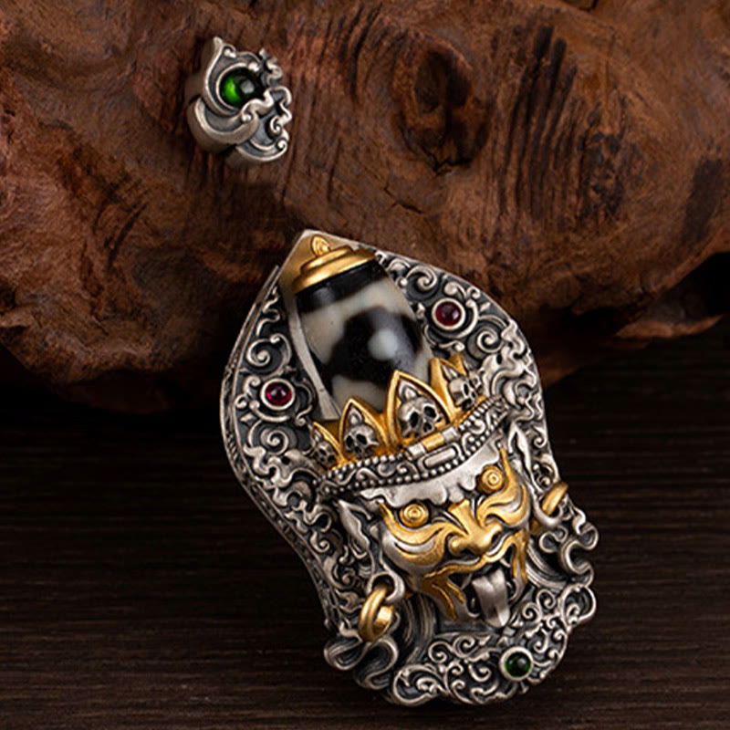Collier de perles tibétaines Zakiram Dzi avec pendentif en argent 925 et protection
