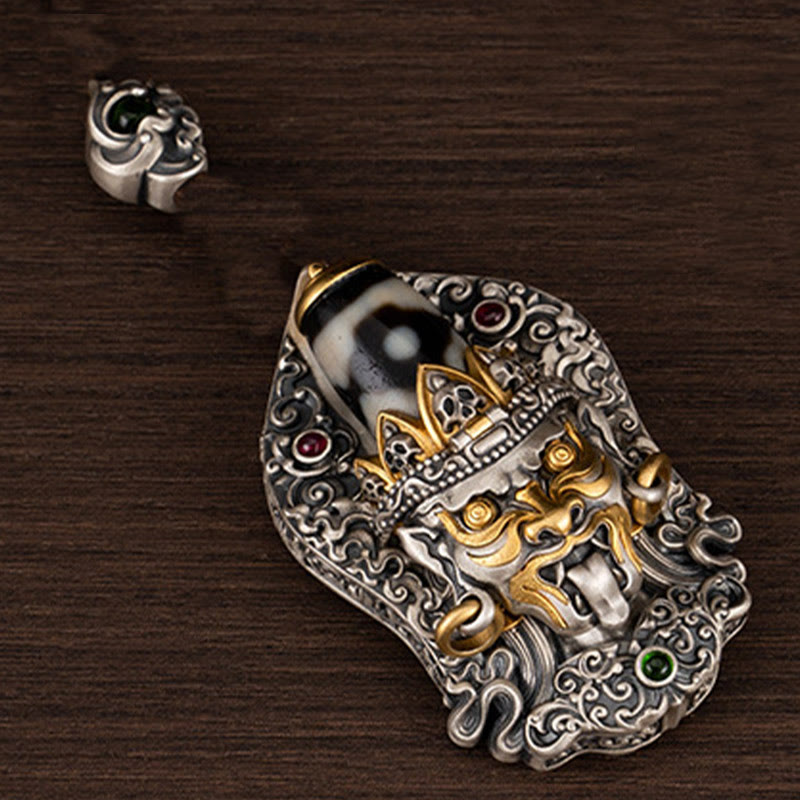 Collier de perles tibétaines Zakiram Dzi avec pendentif en argent 925 et protection