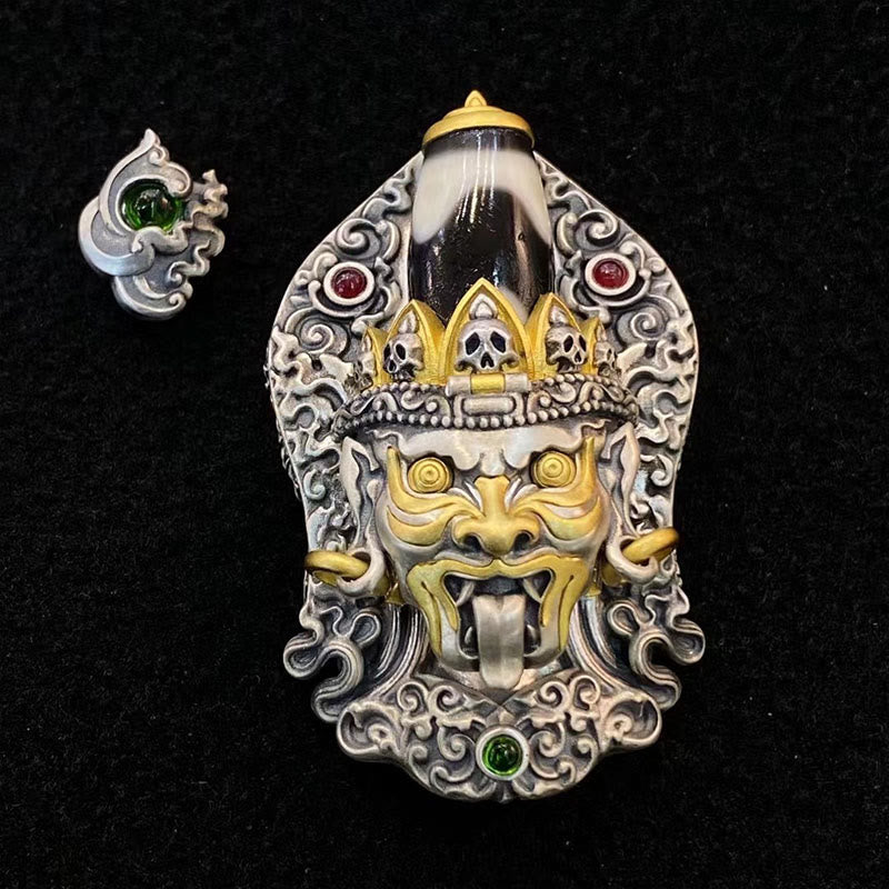 Collier de perles tibétaines Zakiram Dzi avec pendentif en argent 925 et protection