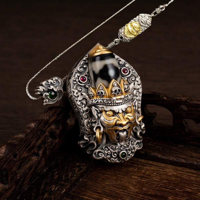 Collier de perles tibétaines Zakiram Dzi avec pendentif en argent 925 et protection