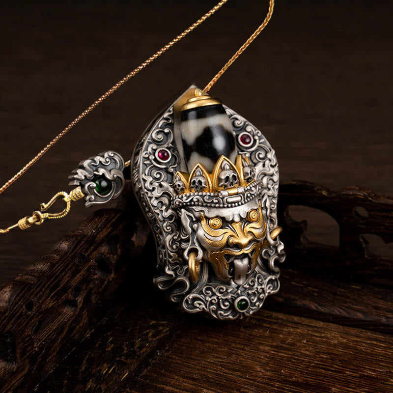 Collier de perles tibétaines Zakiram Dzi avec pendentif en argent 925 et protection