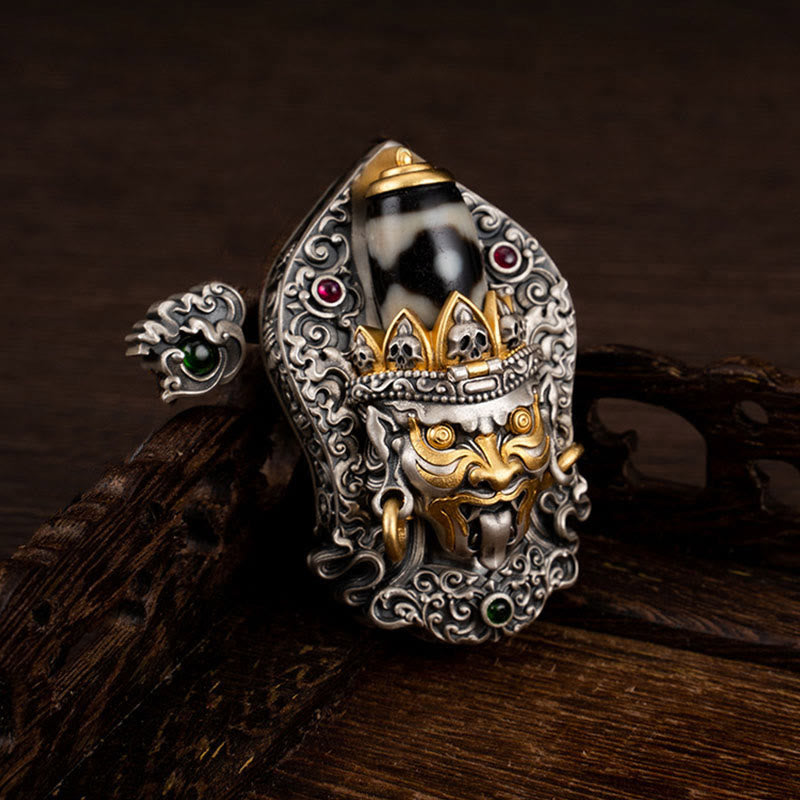 Collier de perles tibétaines Zakiram Dzi avec pendentif en argent 925 et protection