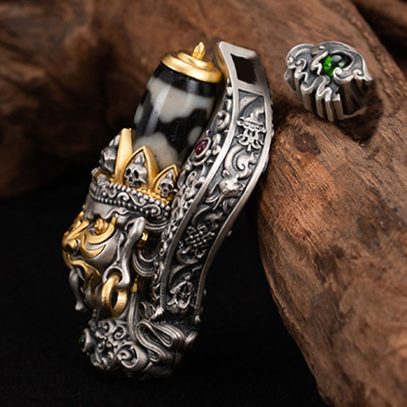 Collier de perles tibétaines Zakiram Dzi avec pendentif en argent 925 et protection