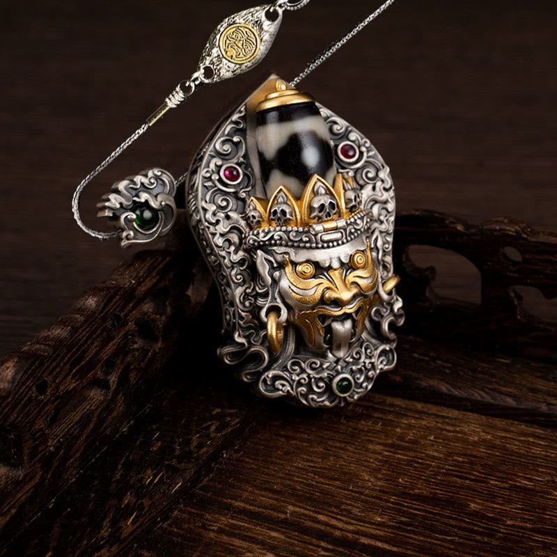 Collier de perles tibétaines Zakiram Dzi avec pendentif en argent 925 et protection
