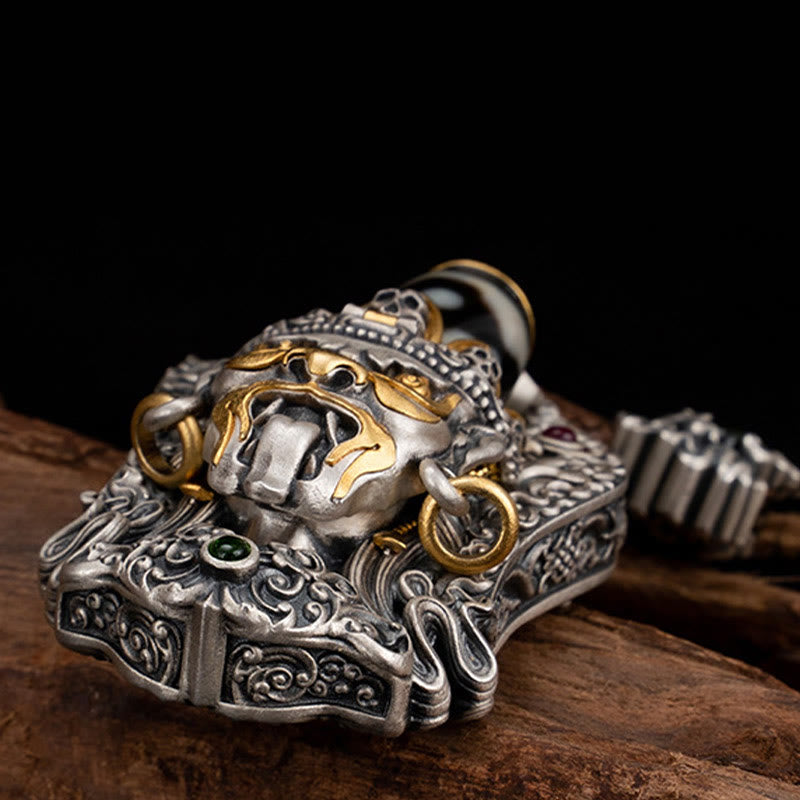 Collier de perles tibétaines Zakiram Dzi avec pendentif en argent 925 et protection
