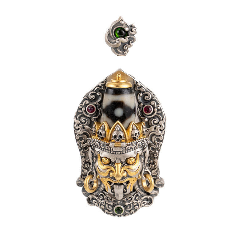 Collier de perles tibétaines Zakiram Dzi avec pendentif en argent 925 et protection