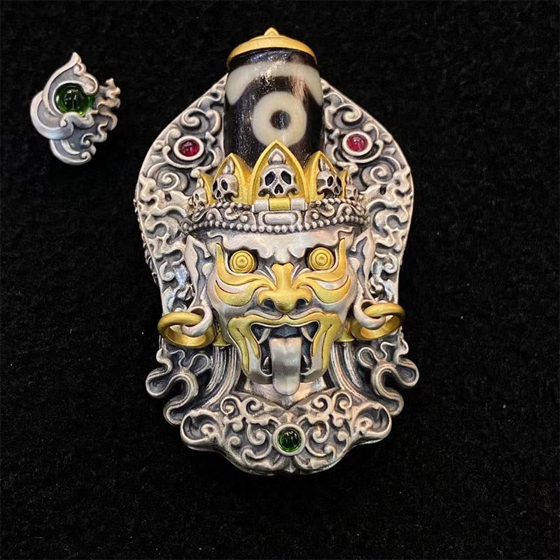 Collier de perles tibétaines Zakiram Dzi avec pendentif en argent 925 et protection