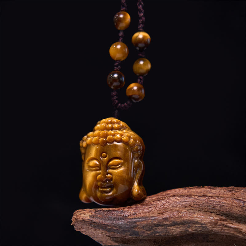 Collier pendentif courage tête de Bouddha œil de tigre