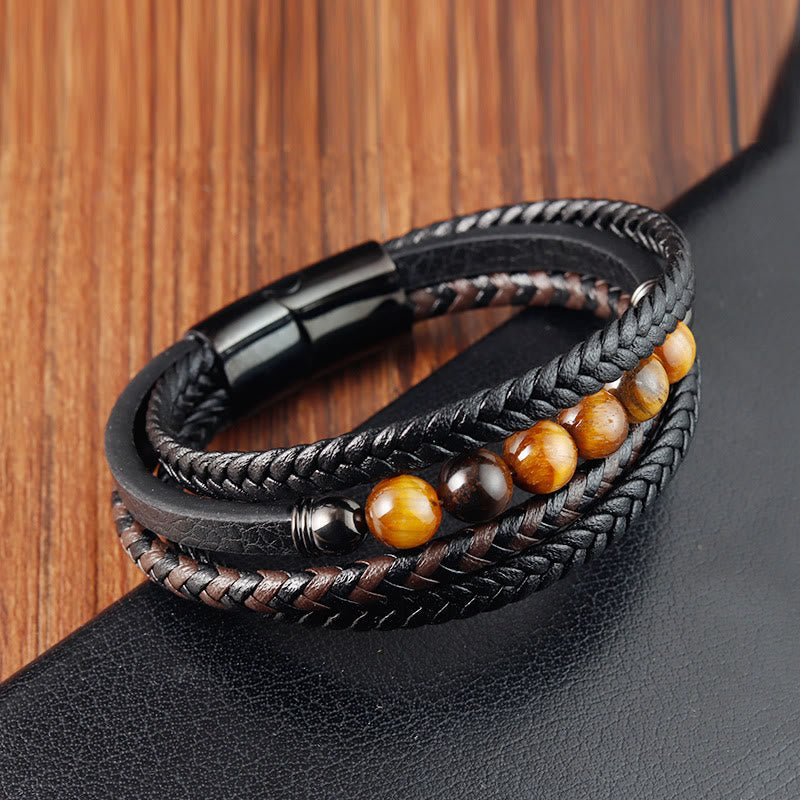 Bracelet de protection en cuir œil de tigre pour homme 18-20 cm