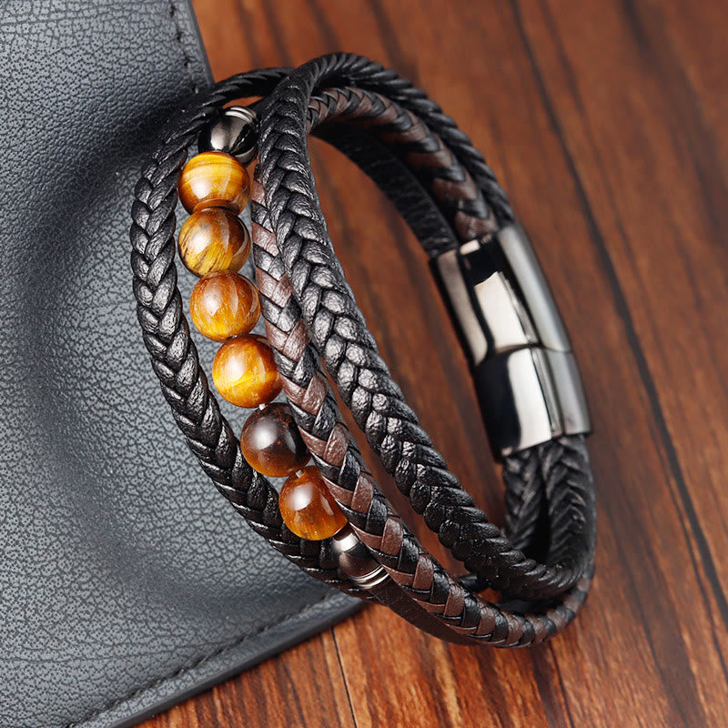 Bracelet de protection en cuir œil de tigre pour homme 18-20 cm