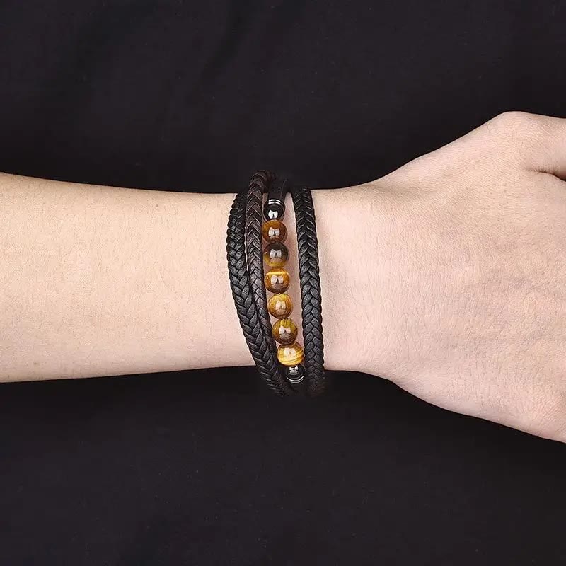 Bracelet de protection en cuir œil de tigre pour homme 18-20 cm