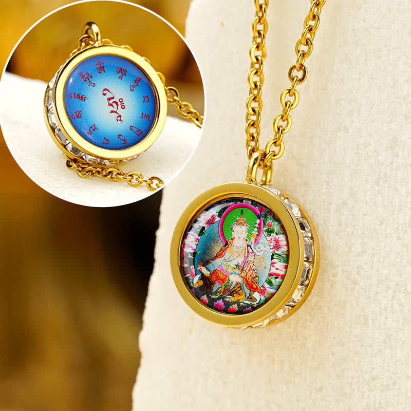 Collier Bouddha en acier titane | Tara verte et symbole du Dieu de la richesse