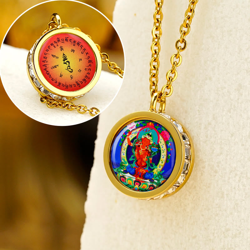 Collier Bouddha en acier titane | Tara verte et symbole du Dieu de la richesse