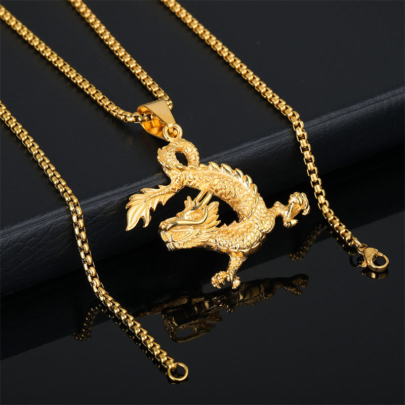 Collier dragon en acier titane | Pendentif porte-bonheur