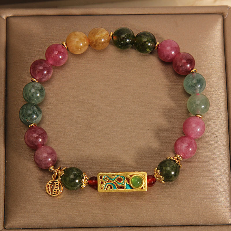 Bracelet en tourmaline avec breloque Fu positive pour le bonheur