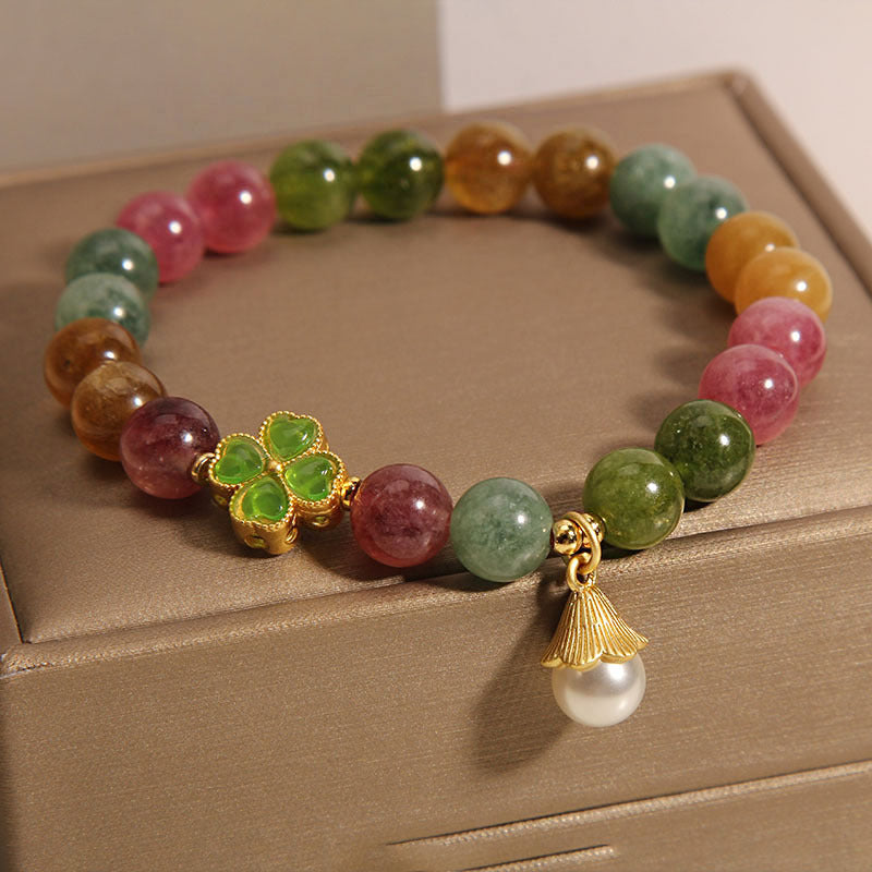 Bracelet de sagesse en tourmaline et trèfle à quatre feuilles