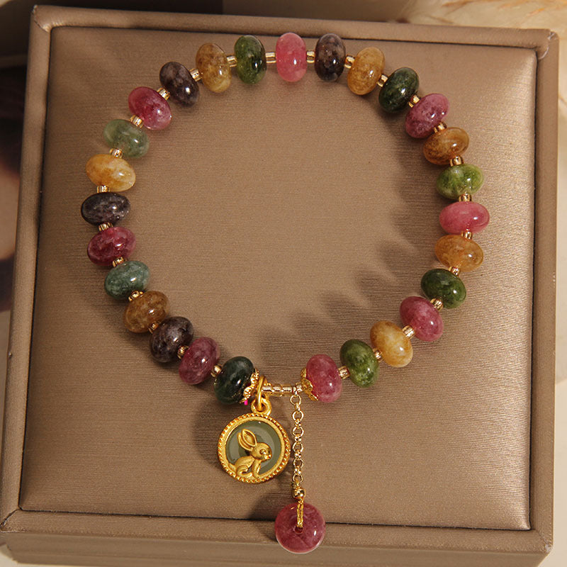 Bracelet à breloques lapin positif en tourmaline pour poignet de 14 à 16 cm