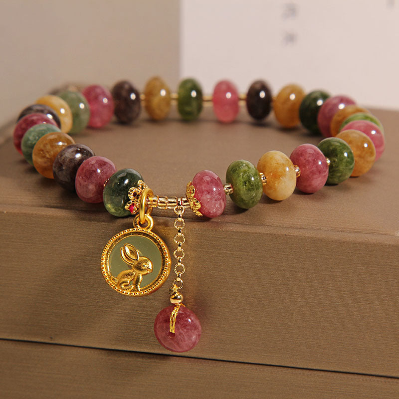 Bracelet à breloques lapin positif en tourmaline pour poignet de 14 à 16 cm