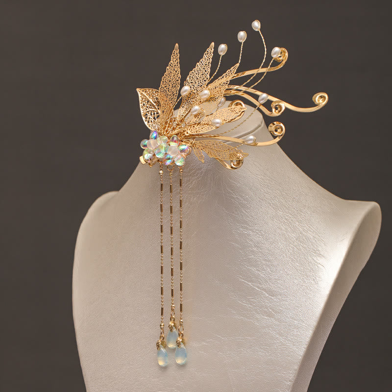 Pince à cheveux traditionnelle chinoise à pompon et fleur en feuille d'or